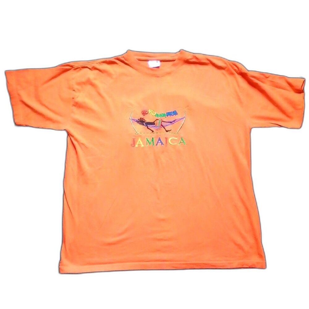 VINTAGE JAMAICA T SHIRT ORANGE HAMMOCK PALM TREES TOURIST SOUVENIR GRAPHIC TEE M